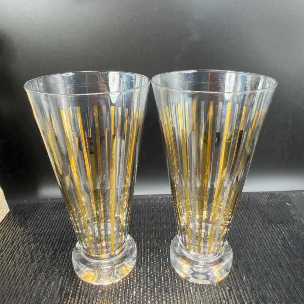 Vintage Mid Century Gold Silver Striped Footed Pilsner Cups Glasses Set of 2 VTG